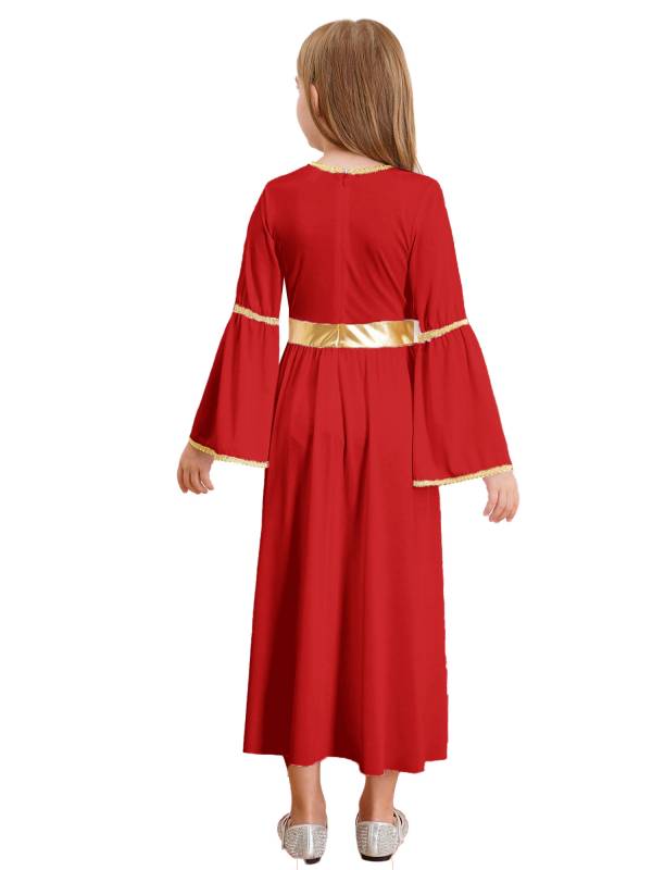 Kids Girls Long Sleeve Gold Trim Angel Cosplay Costume Midi Dress thumb