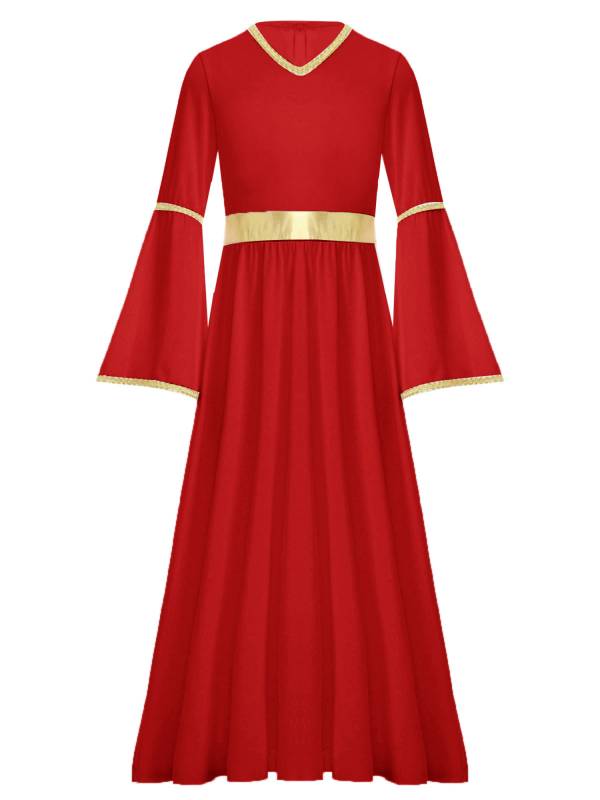 Kids Girls Long Sleeve Gold Trim Angel Cosplay Costume Midi Dress thumb