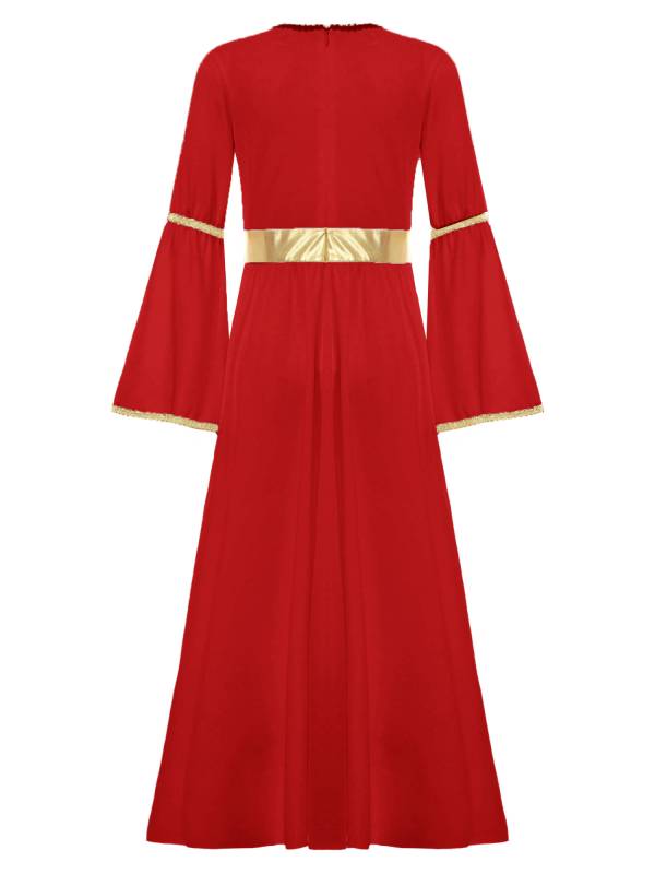 Kids Girls Long Sleeve Gold Trim Angel Cosplay Costume Midi Dress thumb