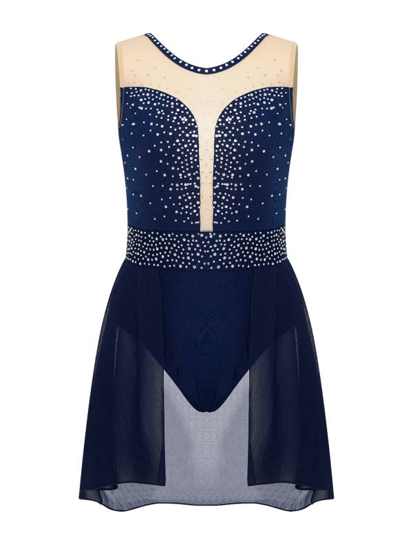 Kids Girls Sleeveless Sparkly Rhinestones U Back Skating Leotard Dress thumb