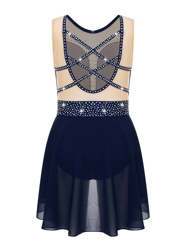 Kids Girls Sleeveless Sparkly Rhinestones U Back Skating Leotard Dress thumb