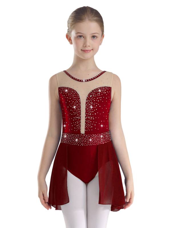 Kids Girls Sleeveless Sparkly Rhinestones U Back Skating Leotard Dress thumb