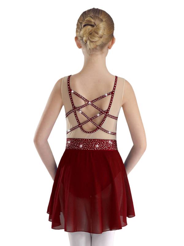 Kids Girls Sleeveless Sparkly Rhinestones U Back Skating Leotard Dress thumb