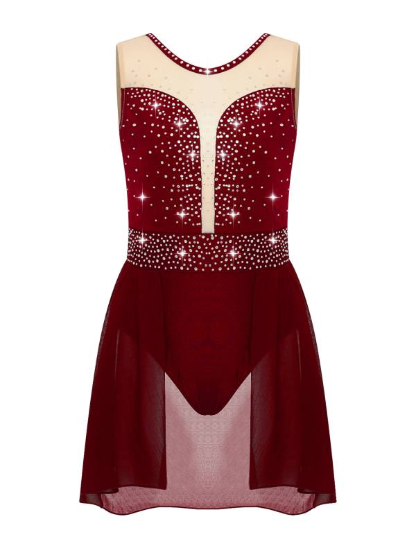 Kids Girls Sleeveless Sparkly Rhinestones U Back Skating Leotard Dress thumb