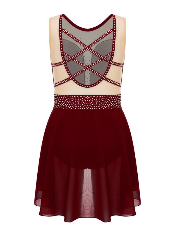 Kids Girls Sleeveless Sparkly Rhinestones U Back Skating Leotard Dress thumb