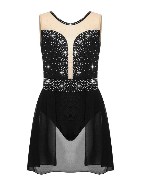 Kids Girls Sleeveless Sparkly Rhinestones U Back Skating Leotard Dress thumb