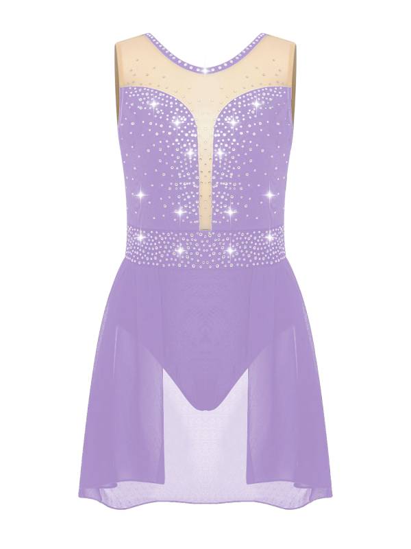 Kids Girls Sleeveless Sparkly Rhinestones U Back Skating Leotard Dress thumb