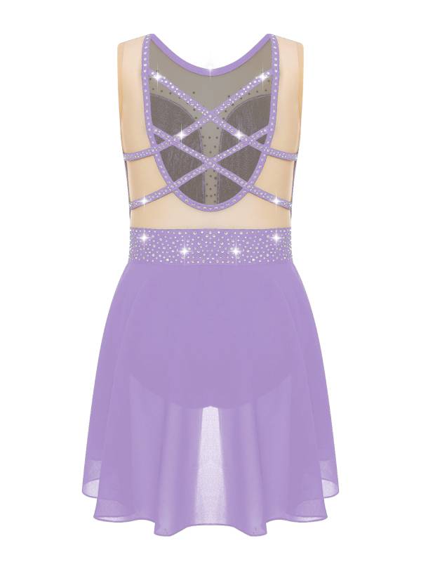 Kids Girls Sleeveless Sparkly Rhinestones U Back Skating Leotard Dress thumb
