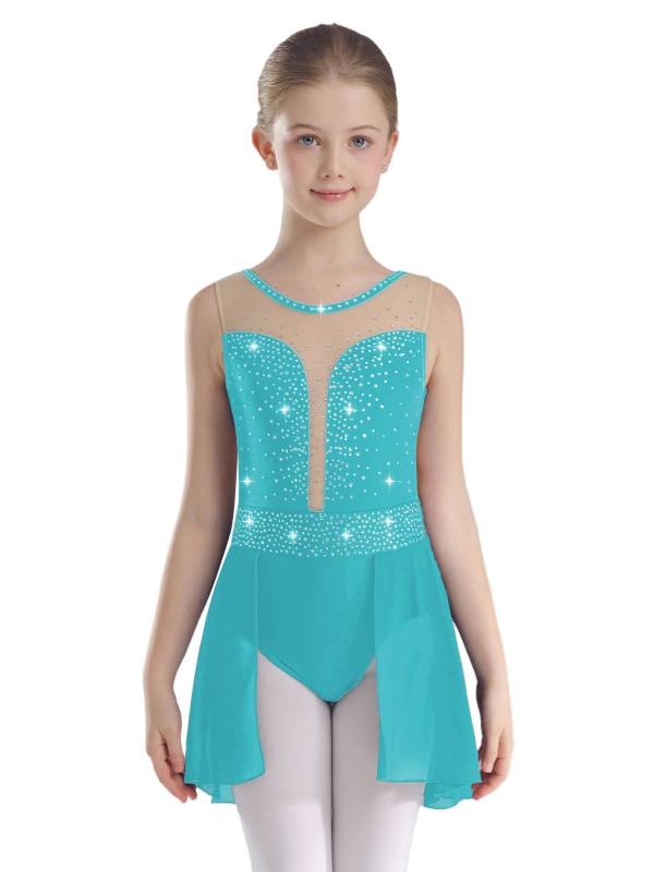 Kids Girls Sleeveless Sparkly Rhinestones U Back Skating Leotard Dress thumb