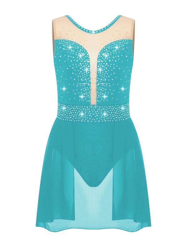 Kids Girls Sleeveless Sparkly Rhinestones U Back Skating Leotard Dress thumb