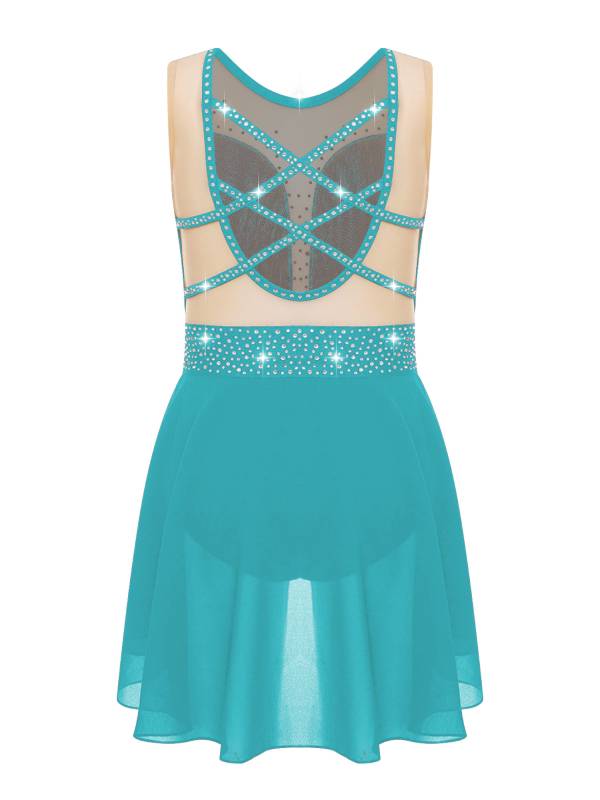 Kids Girls Sleeveless Sparkly Rhinestones U Back Skating Leotard Dress thumb