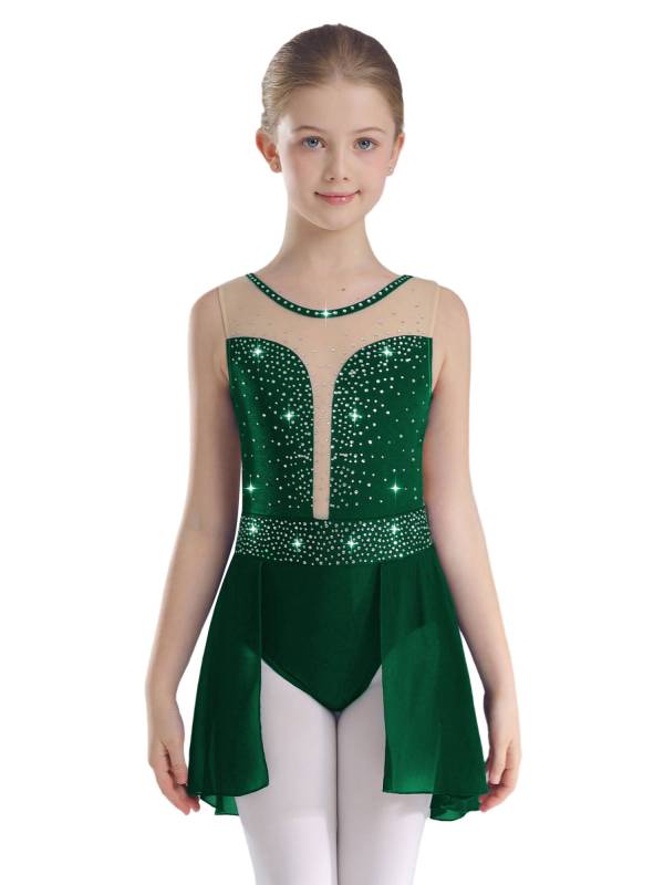 Kids Girls Sleeveless Sparkly Rhinestones U Back Skating Leotard Dress thumb