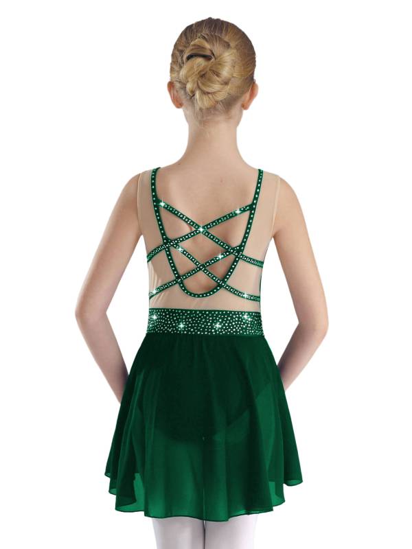 Kids Girls Sleeveless Sparkly Rhinestones U Back Skating Leotard Dress thumb