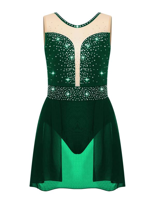 Kids Girls Sleeveless Sparkly Rhinestones U Back Skating Leotard Dress thumb