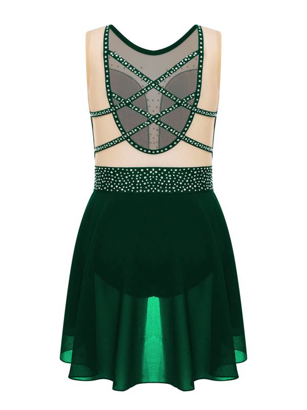 Kids Girls Sleeveless Sparkly Rhinestones U Back Skating Leotard Dress thumb