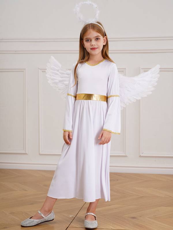 Kids Girls 3Pcs Long Sleeve A-line Angel Dress with Feather Hairband and Wings thumb