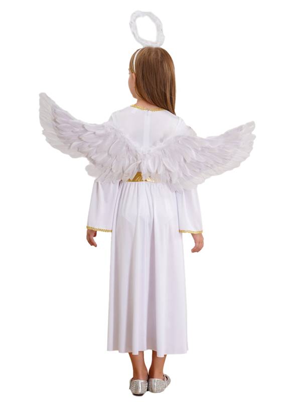 Kids Girls 3Pcs Long Sleeve A-line Angel Dress with Feather Hairband and Wings thumb