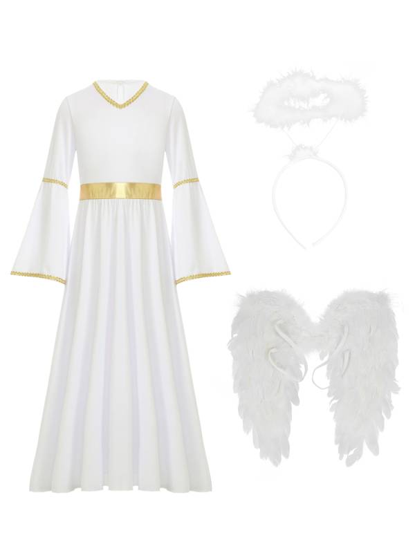 Kids Girls 3Pcs Long Sleeve A-line Angel Dress with Feather Hairband and Wings thumb