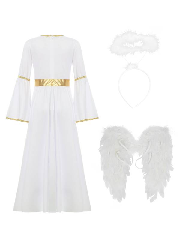 Kids Girls 3Pcs Long Sleeve A-line Angel Dress with Feather Hairband and Wings thumb