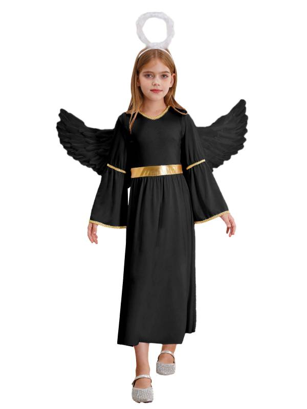 Kids Girls 3Pcs Long Sleeve A-line Angel Dress with Feather Hairband and Wings thumb