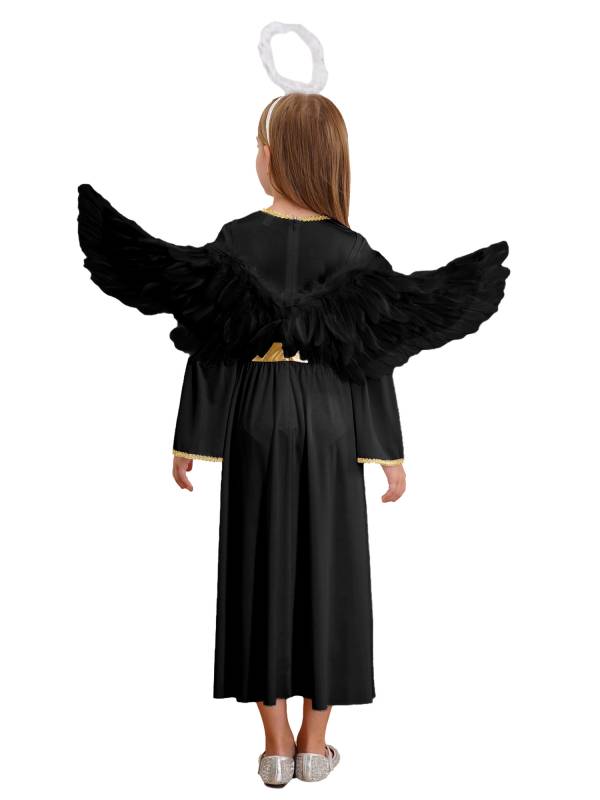 Kids Girls 3Pcs Long Sleeve A-line Angel Dress with Feather Hairband and Wings thumb