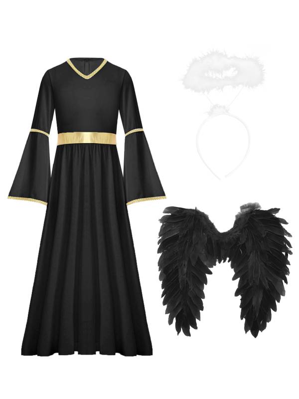 Kids Girls 3Pcs Long Sleeve A-line Angel Dress with Feather Hairband and Wings thumb