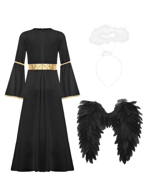 Kids Girls 3Pcs Long Sleeve A-line Angel Dress with Feather Hairband and Wings thumb