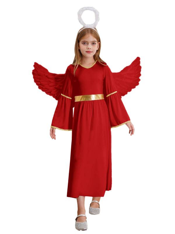 Kids Girls 3Pcs Long Sleeve A-line Angel Dress with Feather Hairband and Wings thumb