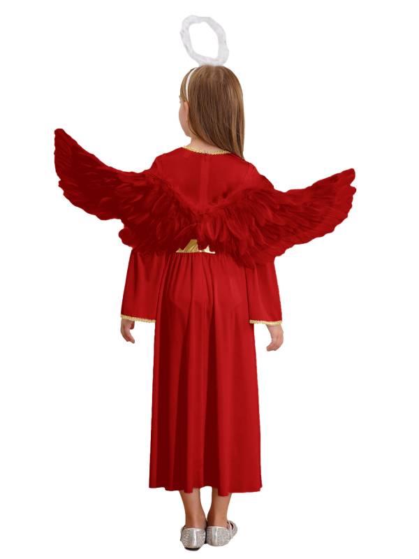 Kids Girls 3Pcs Long Sleeve A-line Angel Dress with Feather Hairband and Wings thumb