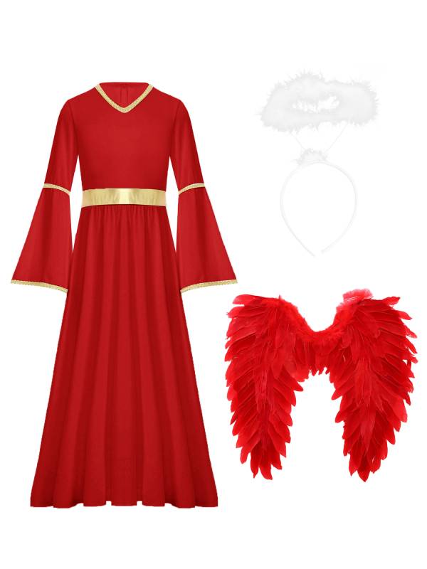Kids Girls 3Pcs Long Sleeve A-line Angel Dress with Feather Hairband and Wings thumb