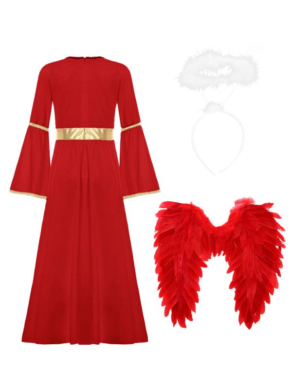 Kids Girls 3Pcs Long Sleeve A-line Angel Dress with Feather Hairband and Wings thumb