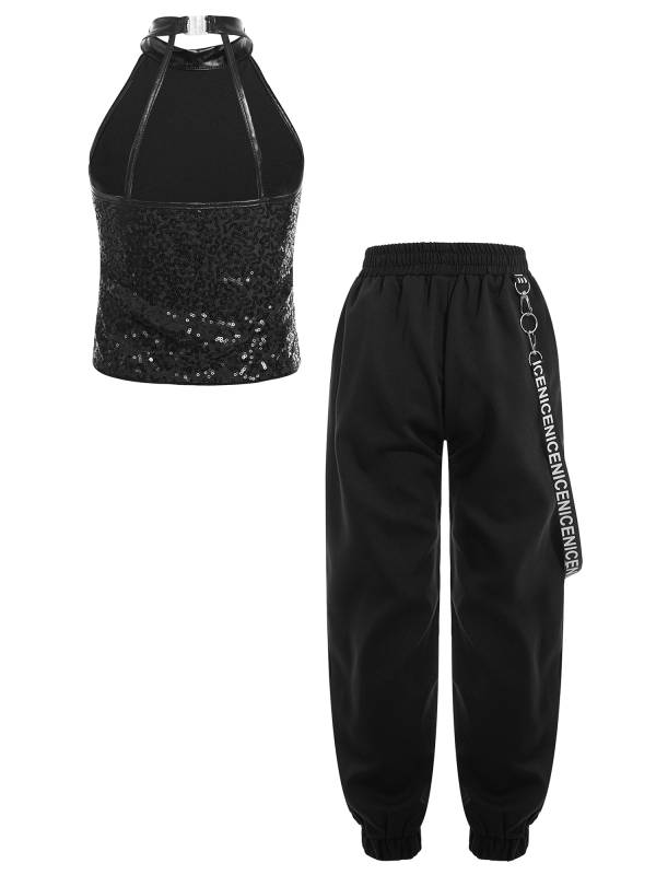 Kids Girls 2pcs Halter Sleeveless Sequin Crop Top and Pants Set for Jazz Dance thumb