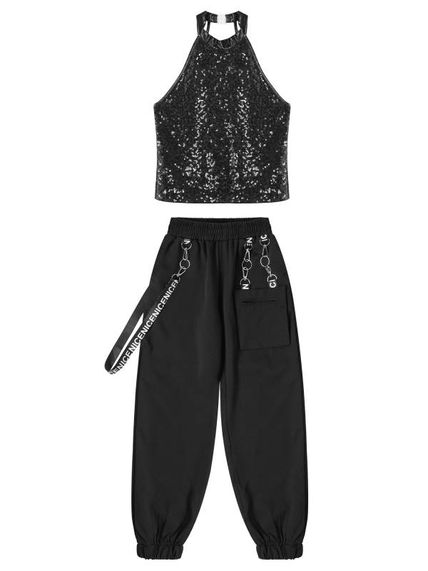 Kids Girls 2pcs Halter Sleeveless Sequin Crop Top and Pants Set for Jazz Dance thumb