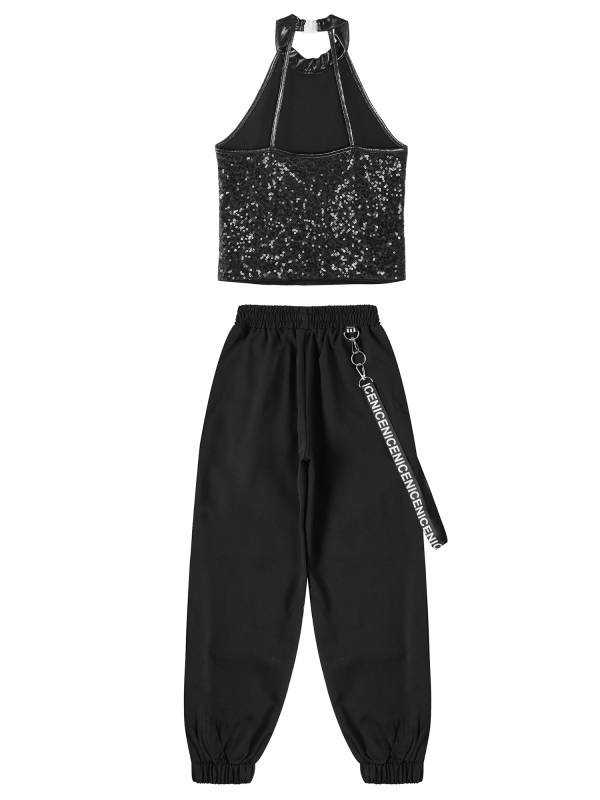 Kids Girls 2pcs Halter Sleeveless Sequin Crop Top and Pants Set for Jazz Dance thumb