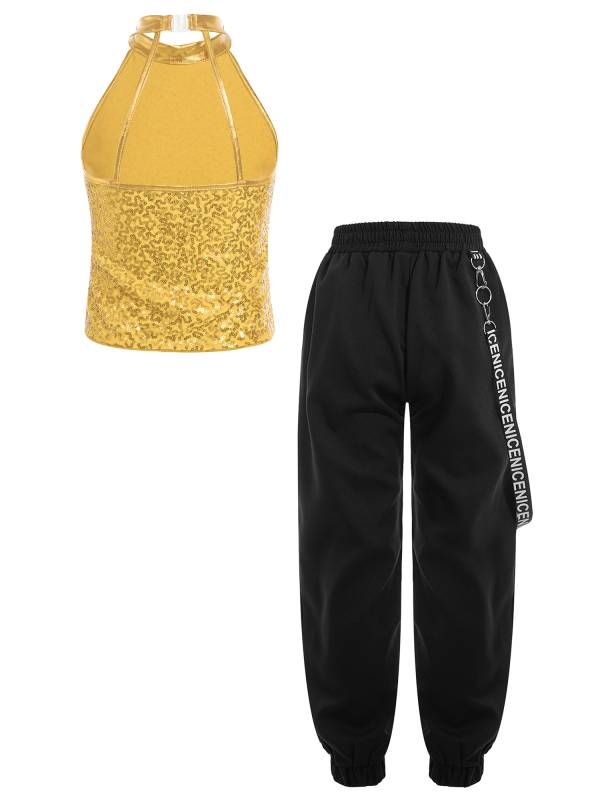 Kids Girls 2pcs Halter Sleeveless Sequin Crop Top and Pants Set for Jazz Dance thumb