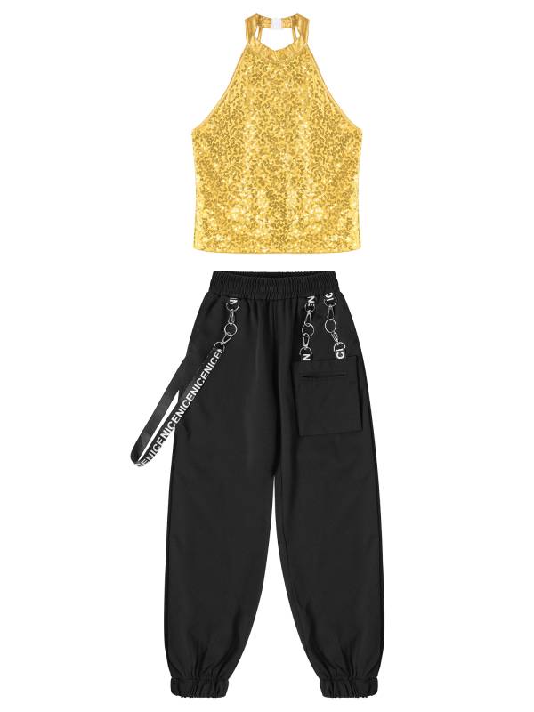 Kids Girls 2pcs Halter Sleeveless Sequin Crop Top and Pants Set for Jazz Dance thumb