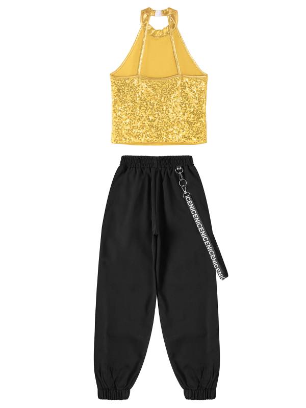 Kids Girls 2pcs Halter Sleeveless Sequin Crop Top and Pants Set for Jazz Dance thumb