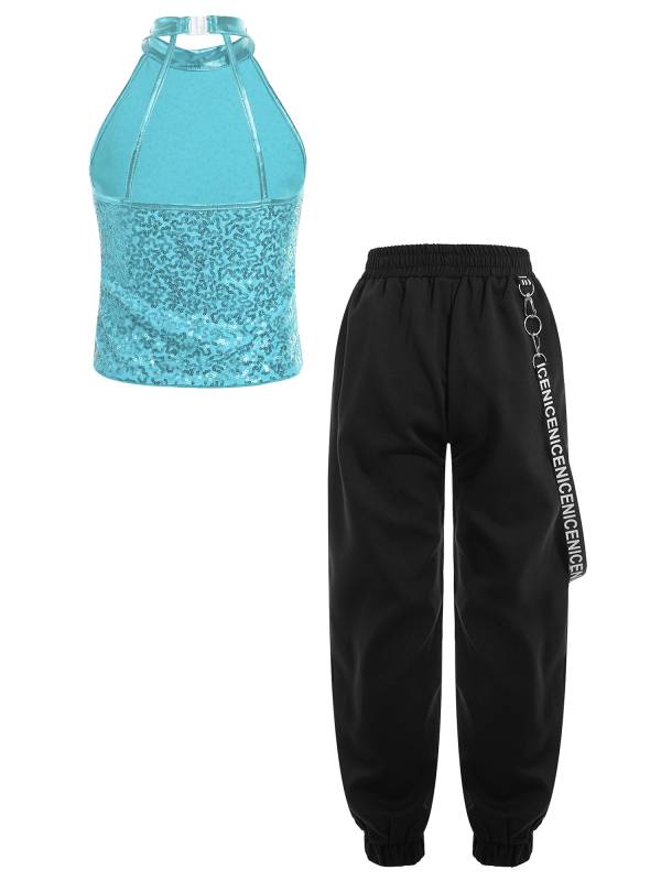 Kids Girls 2pcs Halter Sleeveless Sequin Crop Top and Pants Set for Jazz Dance thumb