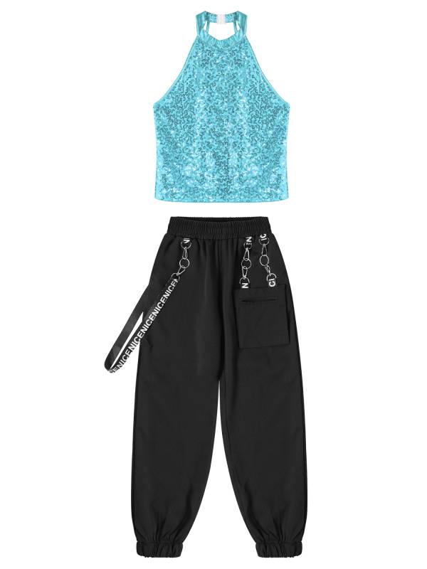 Kids Girls 2pcs Halter Sleeveless Sequin Crop Top and Pants Set for Jazz Dance thumb