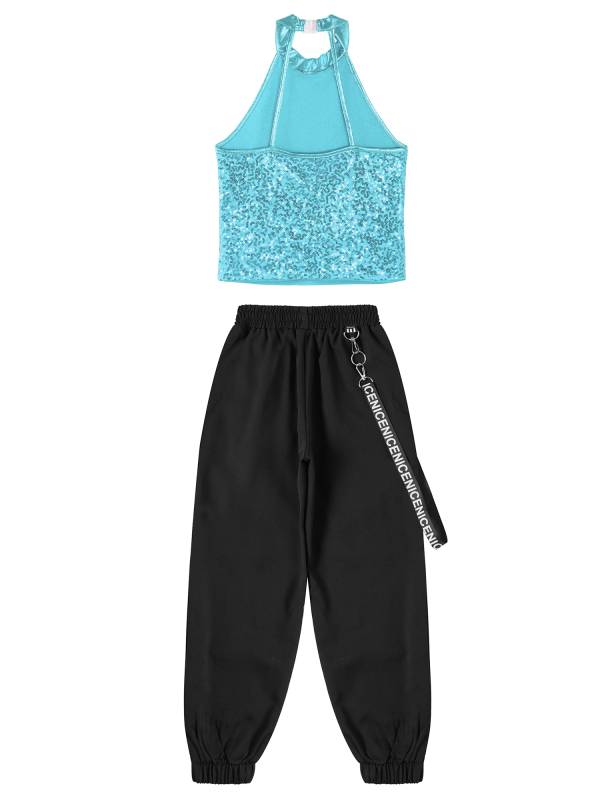 Kids Girls 2pcs Halter Sleeveless Sequin Crop Top and Pants Set for Jazz Dance thumb