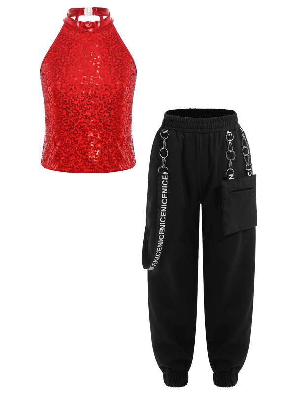 Kids Girls 2pcs Halter Sleeveless Sequin Crop Top and Pants Set for Jazz Dance thumb