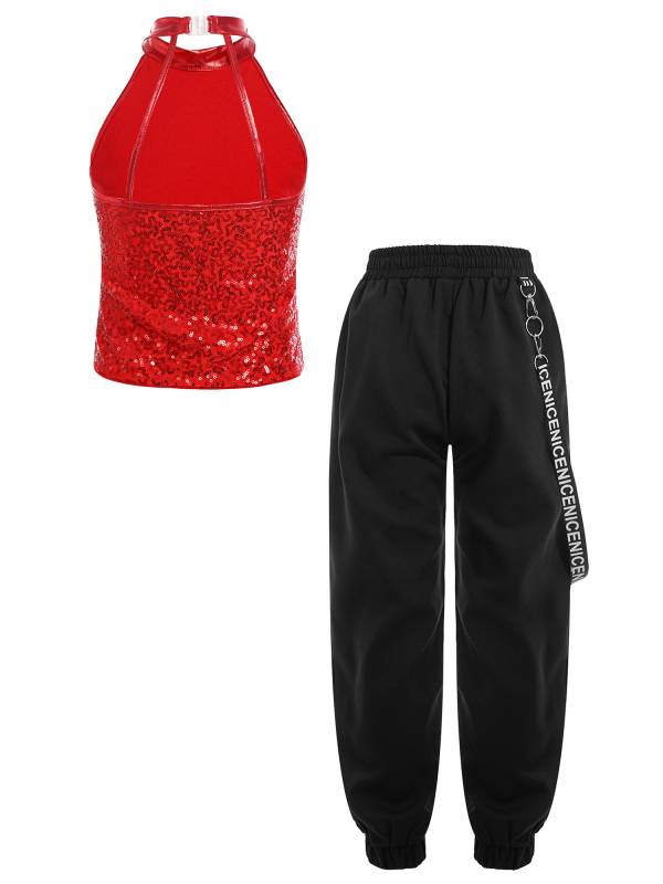 Kids Girls 2pcs Halter Sleeveless Sequin Crop Top and Pants Set for Jazz Dance thumb