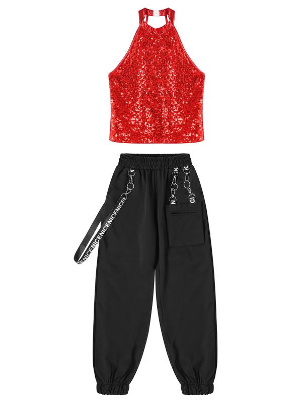 Kids Girls 2pcs Halter Sleeveless Sequin Crop Top and Pants Set for Jazz Dance thumb