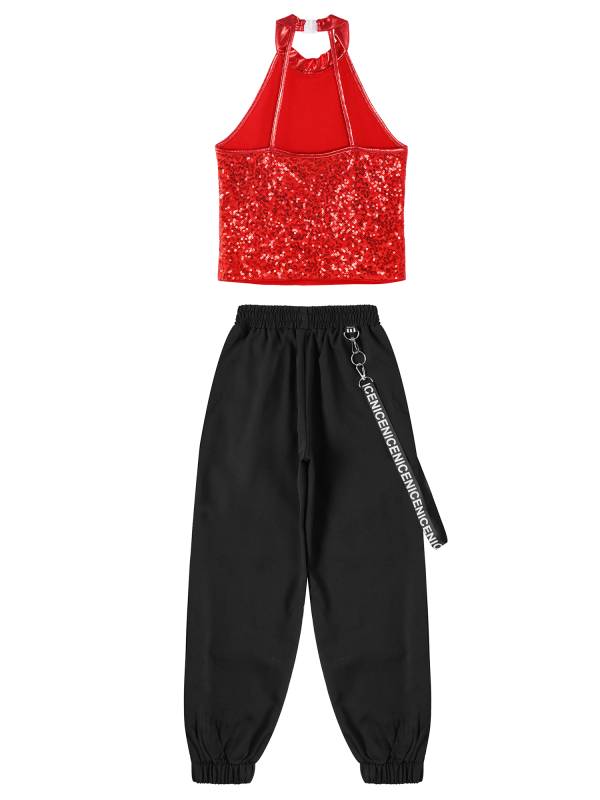 Kids Girls 2pcs Halter Sleeveless Sequin Crop Top and Pants Set for Jazz Dance thumb