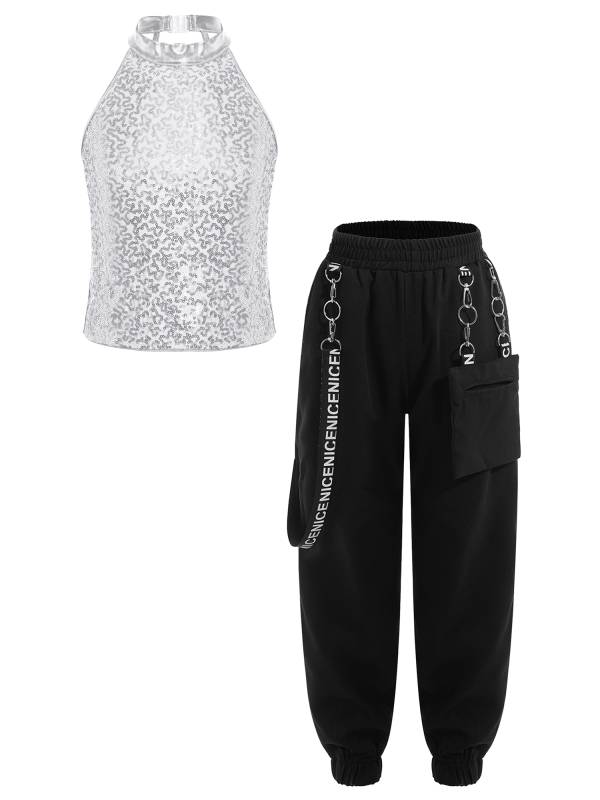 Kids Girls 2pcs Halter Sleeveless Sequin Crop Top and Pants Set for Jazz Dance thumb