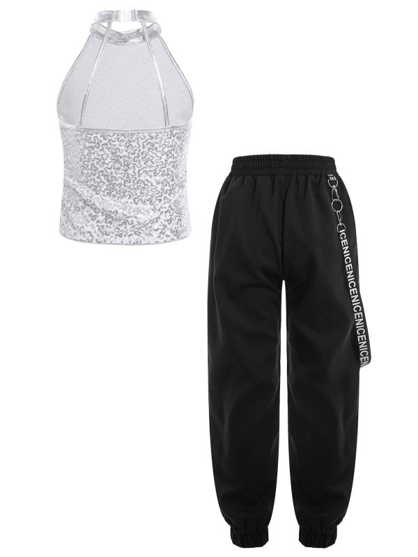 Kids Girls 2pcs Halter Sleeveless Sequin Crop Top and Pants Set for Jazz Dance thumb