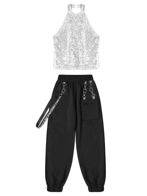 Kids Girls 2pcs Halter Sleeveless Sequin Crop Top and Pants Set for Jazz Dance thumb