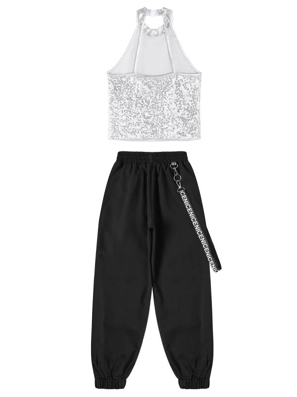 Kids Girls 2pcs Halter Sleeveless Sequin Crop Top and Pants Set for Jazz Dance thumb