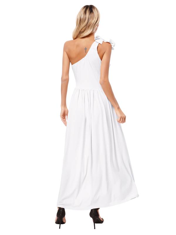 Women Sleeveless One Shoulder Ruffle Side Slit Maxi Dress thumb