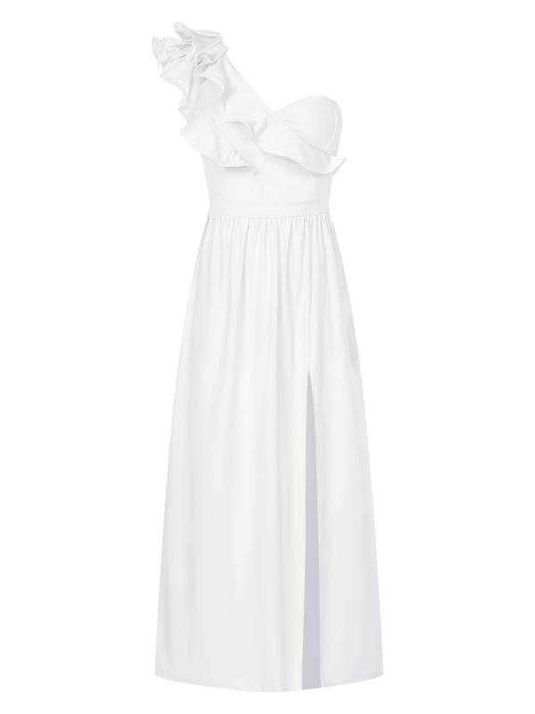 Women Sleeveless One Shoulder Ruffle Side Slit Maxi Dress thumb